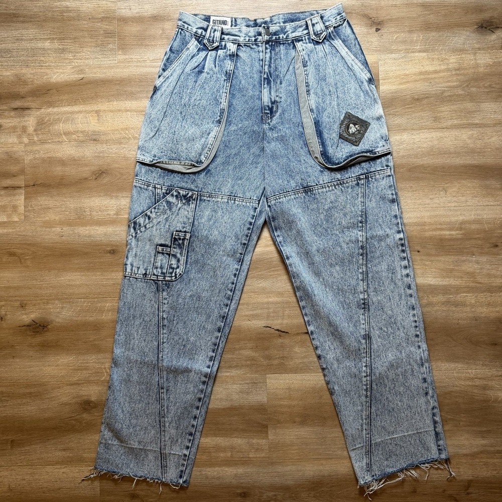 Embroidered Jeans Men 31x31 Blue Straight Leg Acid Wash Distressed Cargo Y2K